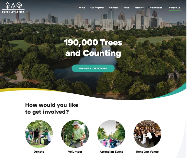 Trees Atlanta homepage with 190,000 Trees and Counting hero stat and a four-option get-involved menu