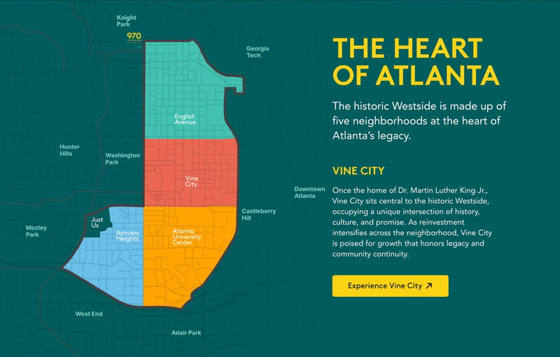 Westside Future Fund interactive map of five color-coded Historic Westside neighborhoods beside The Heart of Atlanta heading