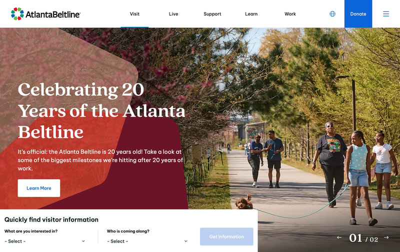 Atlanta Beltline homepage hero with a spring photograph of people walking the trail, an organic red shape framing the headline "Celebrating 20 Years of the Atlanta Beltline," and a Quickly find visitor information panel with two task-based dropdowns