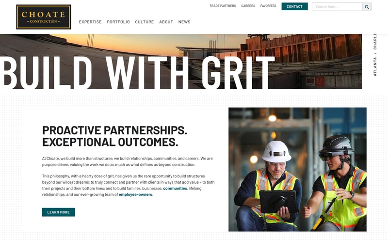 Choate Construction homepage with the headline "Build With Grit" over a full-bleed jobsite photograph at sunrise, followed by a "Proactive Partnerships. Exceptional Outcomes." section with a photo of two employee-owners reviewing a tablet on site