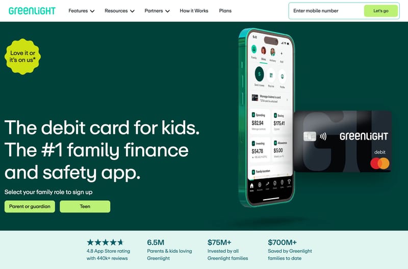 Greenlight homepage hero on a dark green background with the headline "The debit card for kids. The #1 family finance and safety app." alongside a phone mockup of the Greenlight app and a black Greenlight Mastercard, plus Parent or guardian and Teen self-select buttons and a row of social-proof stats below