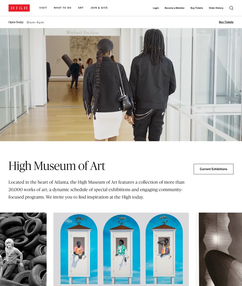 High Museum of Art homepage hero with a photograph of two visitors walking through the Wieland Pavilion, followed by the museum's serif headline, a brief description of the collection, a Current Exhibitions CTA, and the start of a rotating exhibitions card row