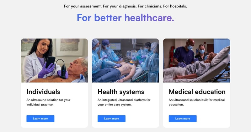 Butterfly Network homepage section headed "For better healthcare" with three cards labeled Individuals, Health systems, and Medical education, each with a photograph, one-line description, and Learn More button