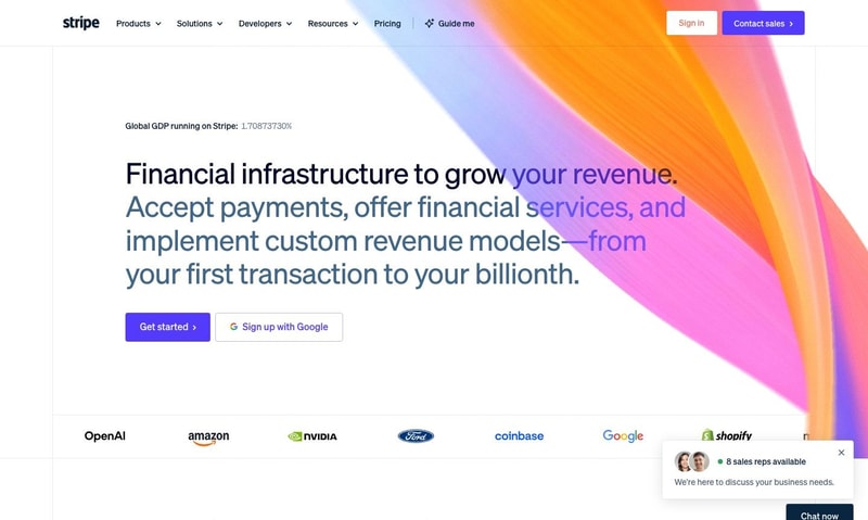 Stripe homepage hero with a "Global GDP running on Stripe" counter above the headline "Financial infrastructure to grow your revenue," Get Started and Sign Up With Google buttons, Contact Sales in the top right, and a logo row of OpenAI, Amazon, Nvidia, Ford, Coinbase, Google, and Shopify beneath