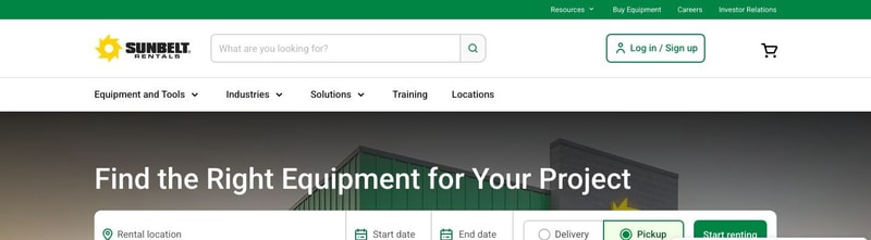 Sunbelt Rentals homepage header with a search bar and cart icon, and a hero headed "Find the Right Equipment for Your Project" with a booking widget for rental location, start date, end date, delivery or pickup, and a Start Renting button