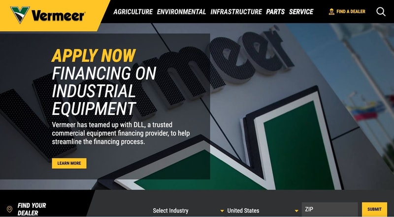 Vermeer homepage with a black and yellow navigation bar, an all-caps industrial equipment financing promotion in the hero, and a Find Your Dealer bar with industry, country, and ZIP fields directly beneath