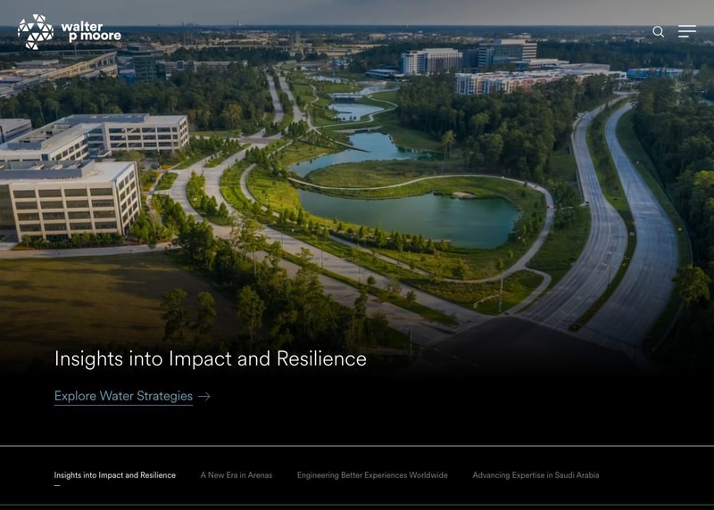 Walter P Moore homepage with a full-bleed aerial photograph of a master-planned campus, thin white type reading "Insights into Impact and Resilience," a hamburger menu as the only navigation, and a row of four story tabs beneath