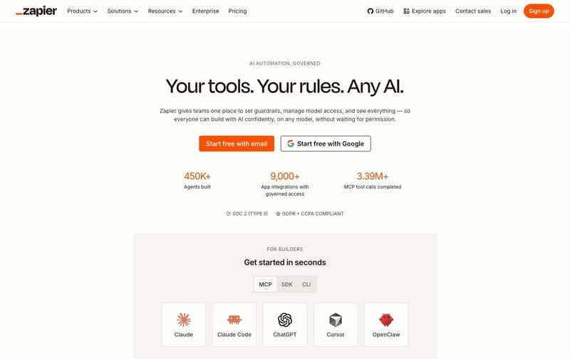 Zapier homepage with the centered headline "Your tools. Your rules. Any AI.," two Start Free buttons, three proof numbers for agents built, app integrations, and MCP tool calls, and a SOC 2 Type II and GDPR compliance line, all above any product image