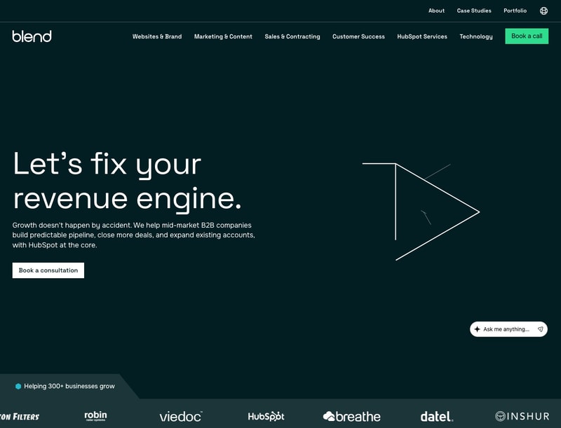 Blend B2B growth consultancy homepage with client logos including Viedoc, Breathe and Datel