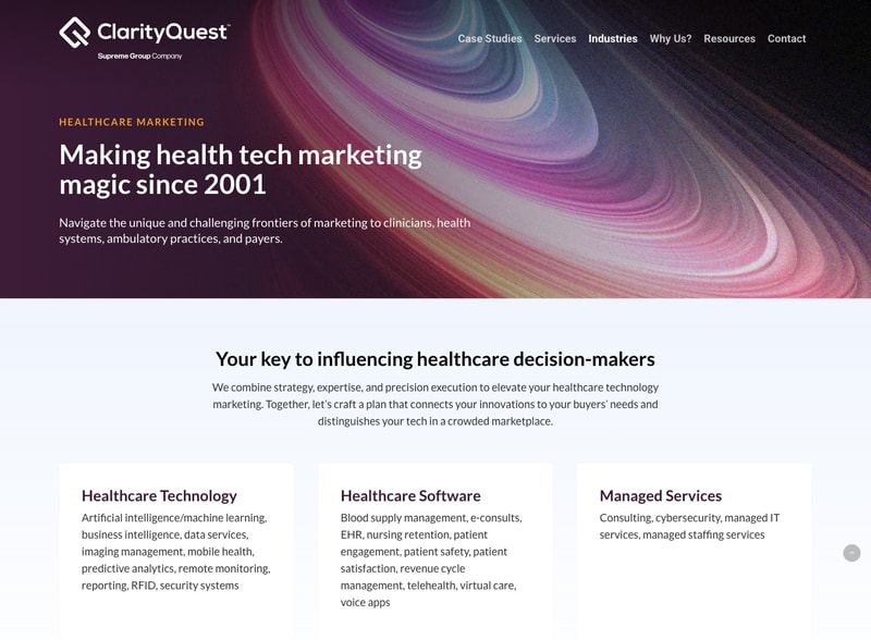 Clarity Quest healthcare marketing page listing healthcare technology, healthcare software and managed services practices