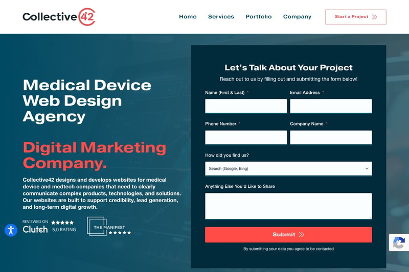 Collective42 medical device web design agency page with a project inquiry form beside the headline