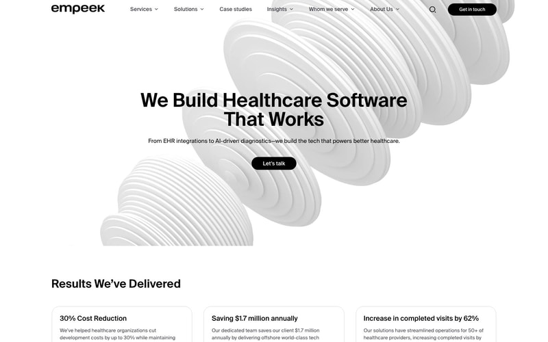 Empeek healthcare software development company homepage with results panels