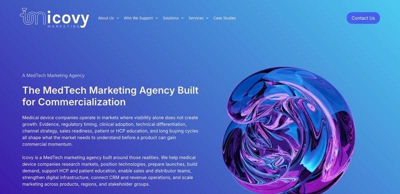 Icovy medtech marketing agency page headed The MedTech Marketing Agency Built for Commercialization