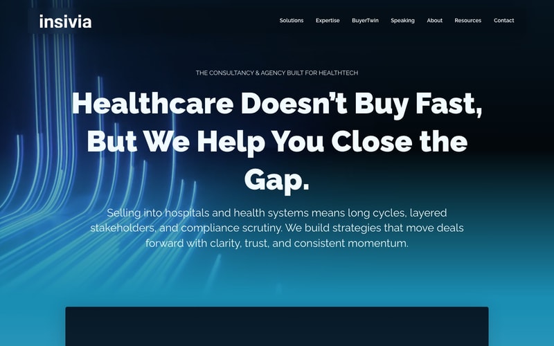 Insivia HealthTech page with the headline Healthcare Doesn't Buy Fast, But We Help You Close the Gap
