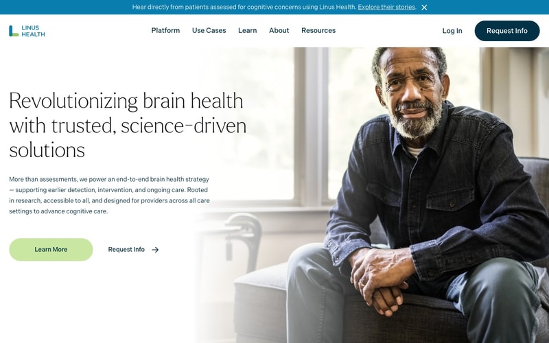 Linus Health homepage, a brain health platform for providers and one of the clients Atomic Health names
