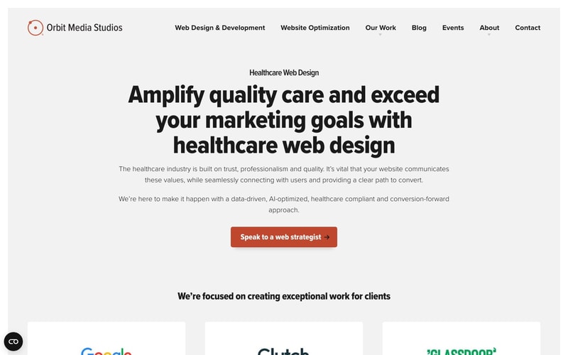 Orbit Media Studios healthcare web design page with Google, Clutch and Glassdoor ratings
