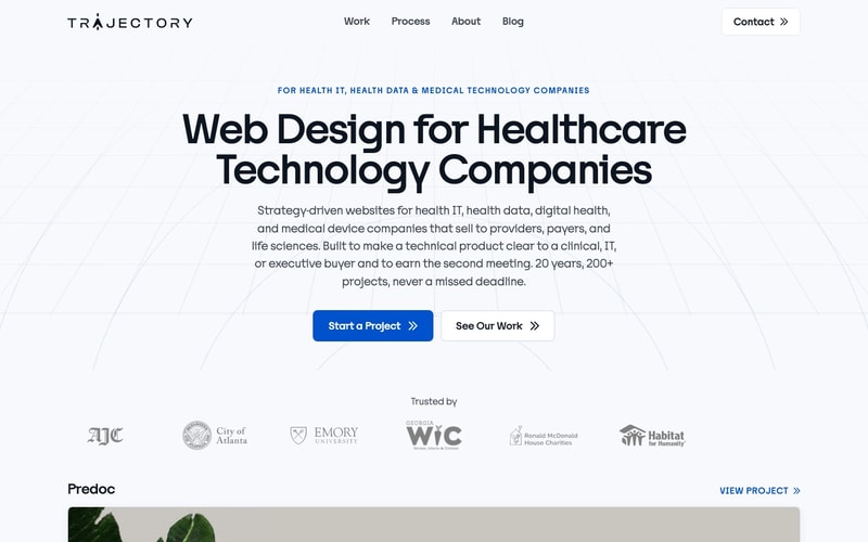 Trajectory healthcare technology web design page with the Predoc project featured below the hero