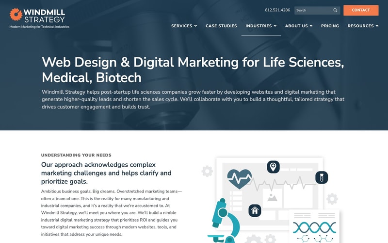 Windmill Strategy life sciences and medical web design page for medtech, pharmaceutical and biotech companies