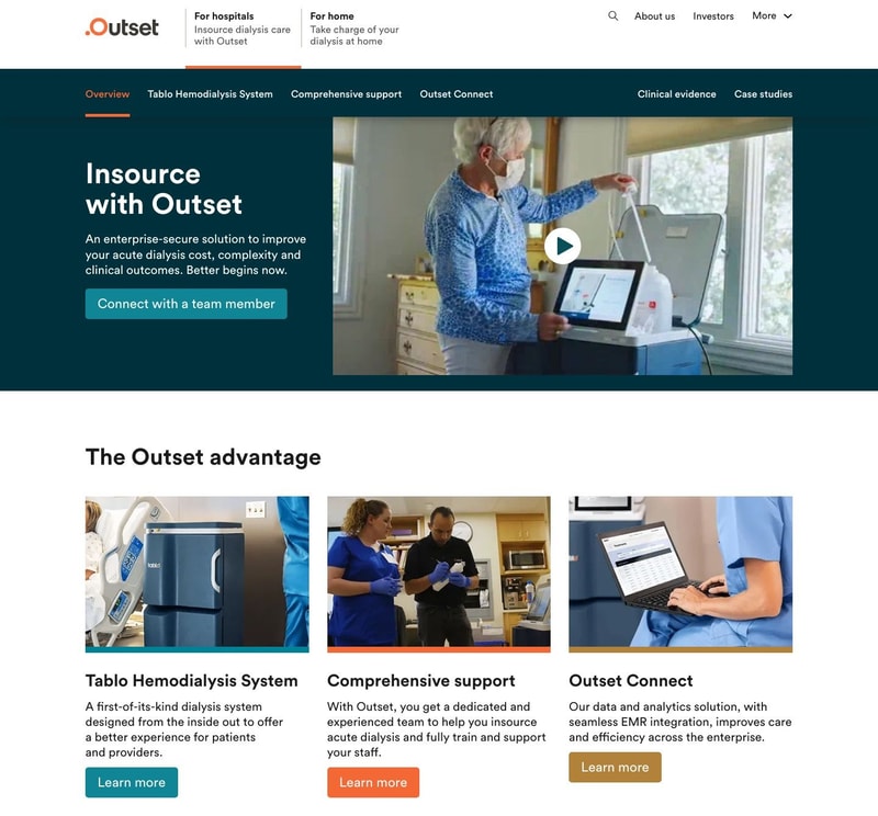 Outset Medical homepage with For hospitals and For home tabs in the header, a dark teal section nav including Clinical evidence and Case studies, the headline "Insource with Outset" beside a video still of a woman using the Tablo dialysis system, and three cards for the Tablo system, comprehensive support, and Outset Connect