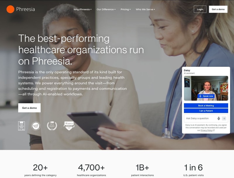 Phreesia homepage hero with the headline "The best-performing healthcare organizations run on Phreesia," a navigation bar with a Pricing menu, a row of four award badges, an AI assistant panel with Book a Meeting and I am a Patient buttons, and four statistics beneath
