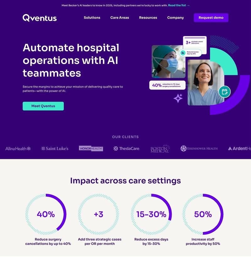 Qventus homepage with the headline "Automate hospital operations with AI teammates" on purple, a row of client health-system logos, and four ring charts reading 40%, +3, 15-30%, and 50% with the department each number applies to