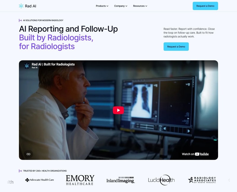 Rad AI homepage with the headline "AI Reporting and Follow-Up, Built by Radiologists, for Radiologists" in black and violet, a Request a Demo button, and a video still of a radiologist studying a chest X-ray at his workstation