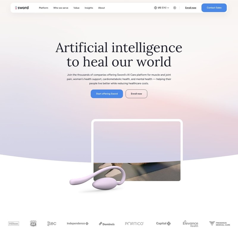 Sword homepage with the serif headline "Artificial intelligence to heal our world" on a soft lilac gradient, a solid blue Start offering Sword button beside an outlined Enroll now button, a lilac device in front of a framed screen, and a row of employer and health plan logos including Hilton, Domino's, and Elevance Health