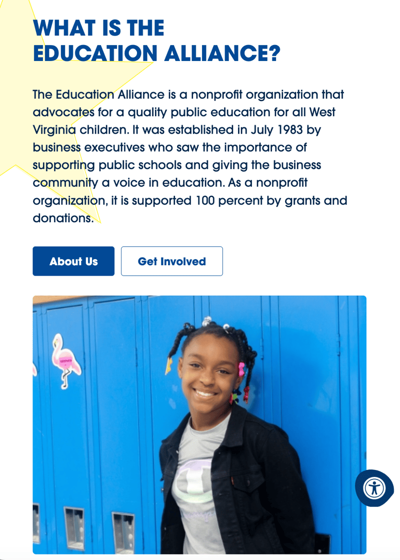 screenshot of nonprofit website Education Alliance's home page as it appears on a mobile device