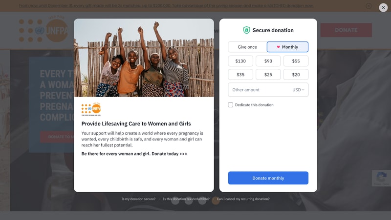 nonprofit website United Nations Population Fund's donation page