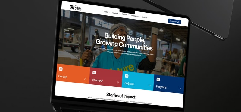 Atlanta Habitat for Humanity homepage built in Webflow, showing a hero message and four color-coded audience pathways in an agency case study