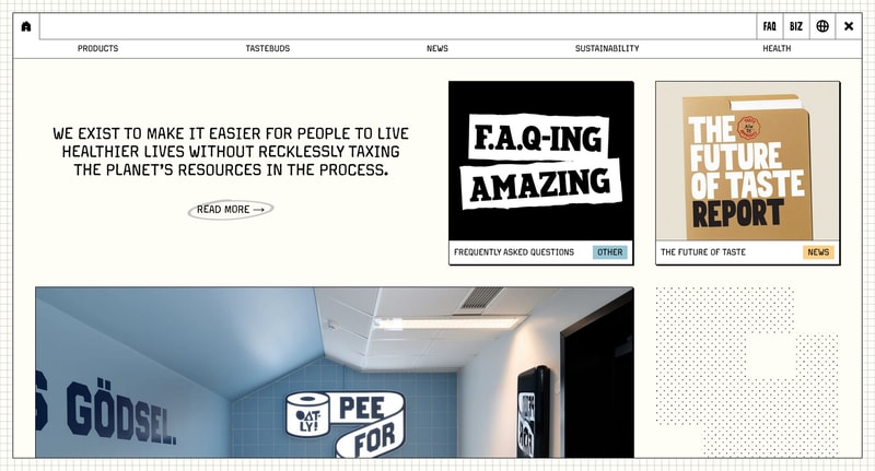 Oatly homepage with hand-drawn typography, an irreverent mission statement, and offbeat cards, a distinctive brand identity unlike any template