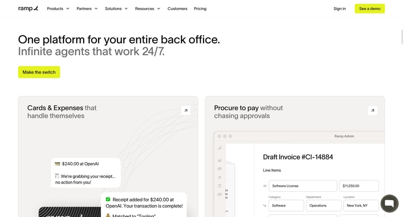 Ramp homepage hero with a bold headline, a yellow call-to-action button, and matching product cards showing a consistent design system