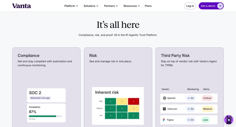 Vanta website top navigation grouping the platform into Platform, Solutions, Partners, and Resources menus, above three consistently styled feature cards