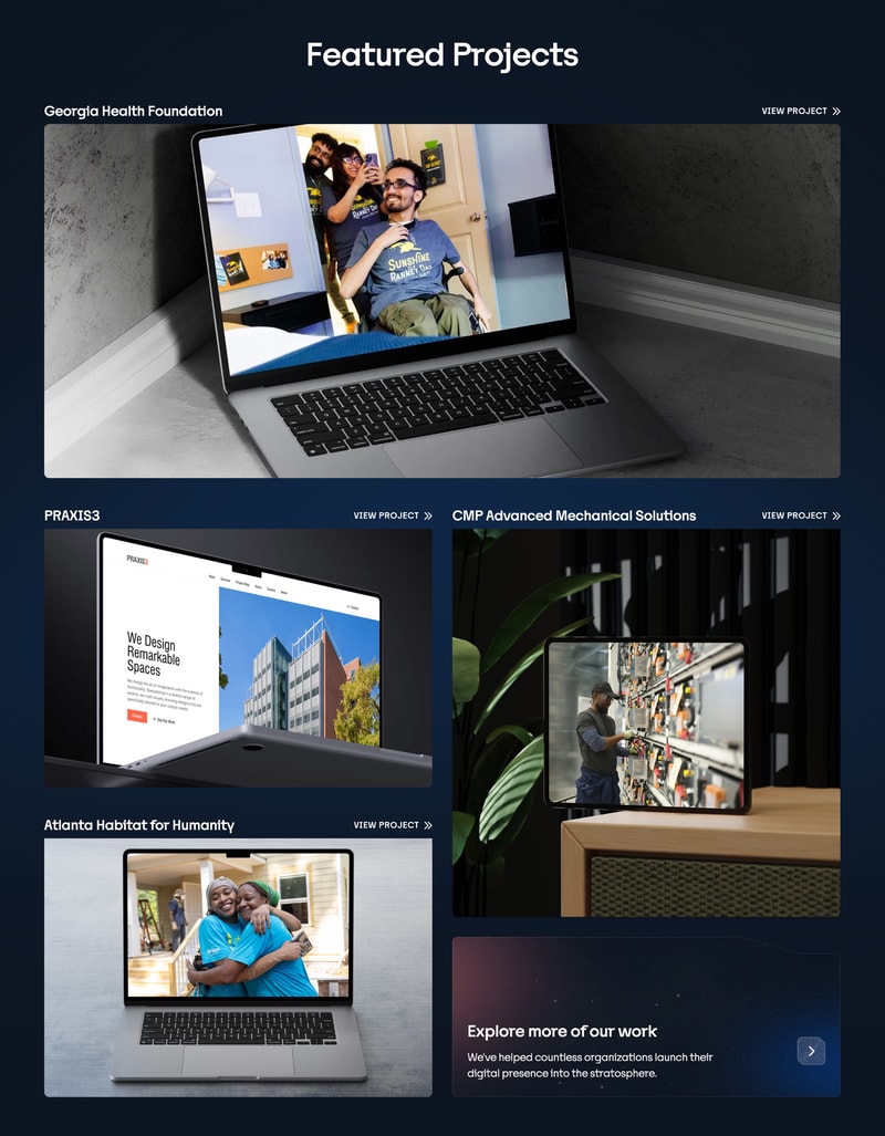 Web design agency portfolio page showing featured projects for clients across nonprofit, architecture, and manufacturing industries with laptop mockups and project links