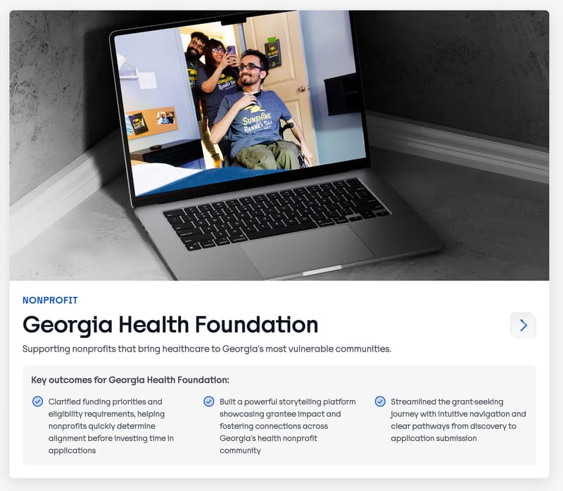 Web design agency case study card showing a nonprofit client project with key outcomes including clarified funding priorities, storytelling platform, and streamlined grant-seeking navigation