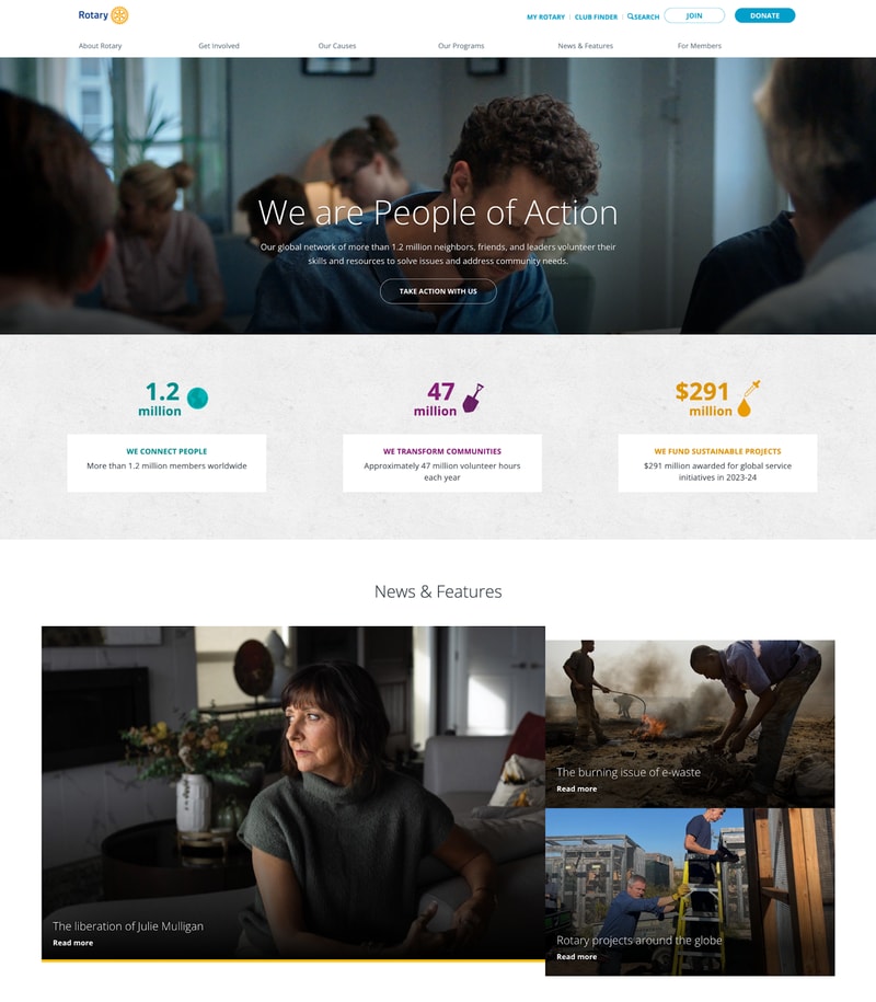 homepage of nonprofit website Rotary International