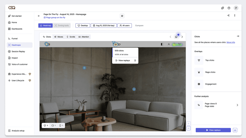 screenshot of what Hotjar's heatmap analysis tool looks like in action using CSQ company as an example