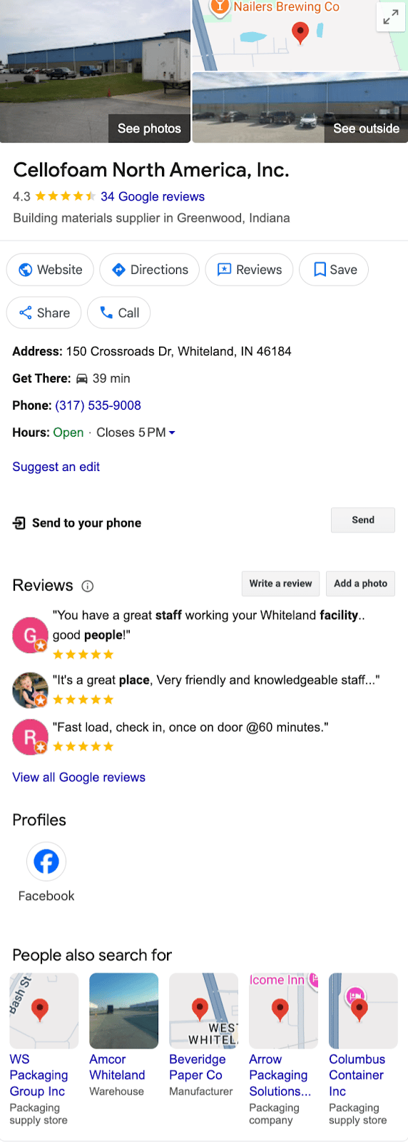 screenshot of B2B manufacturer Cellofoam North America, Inc.'s Google Business Profile