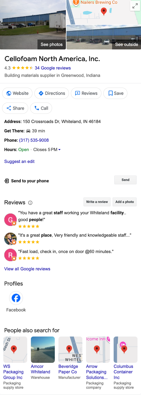 screenshot of B2B manufacturer Cellofoam North America, Inc.'s Google Business Profile