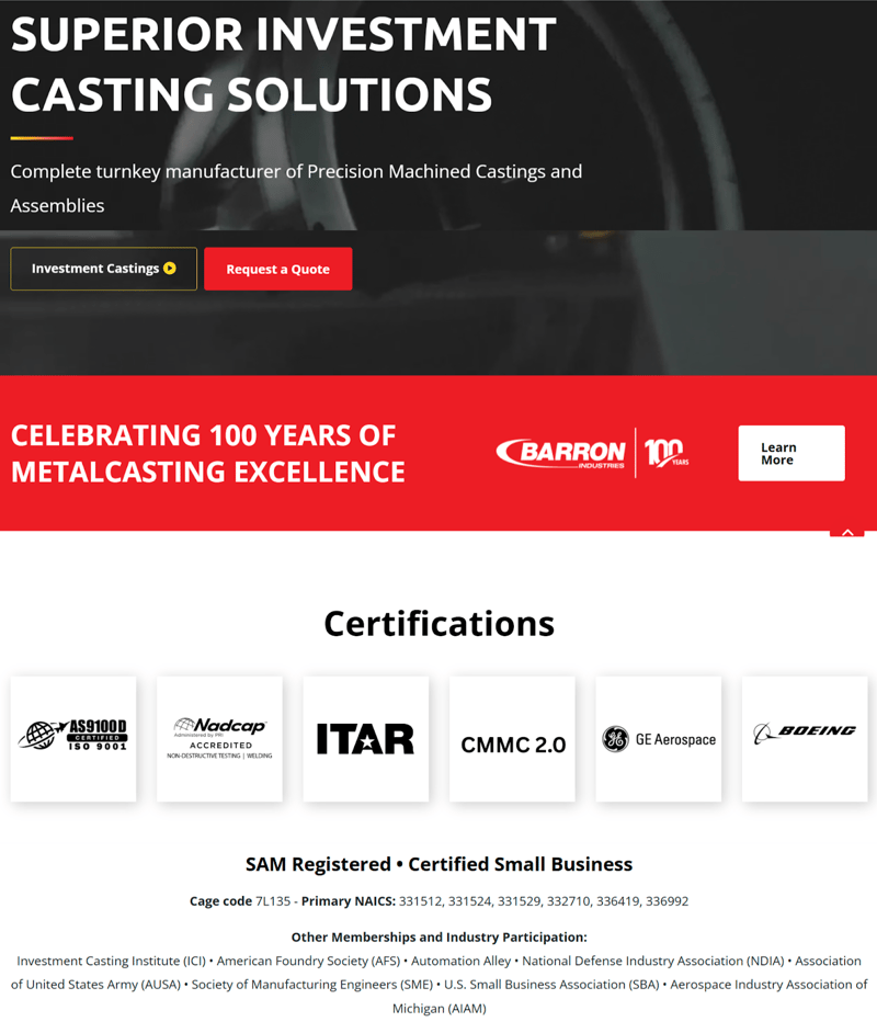 homepage of B2B manufacturer Barron Industries featuring industry badges and certifications