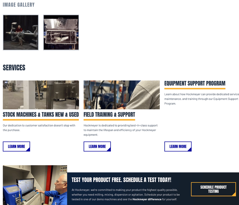 bottom half of B2B manufacturer Hockmeyer's "Horizontal Paste Mixer" product page images, related services, and a CTA