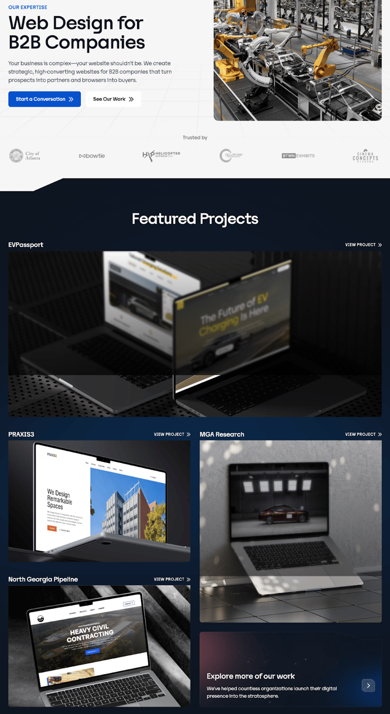 B2B web design company Trajectory's "Web Design for B2B Companies" web page