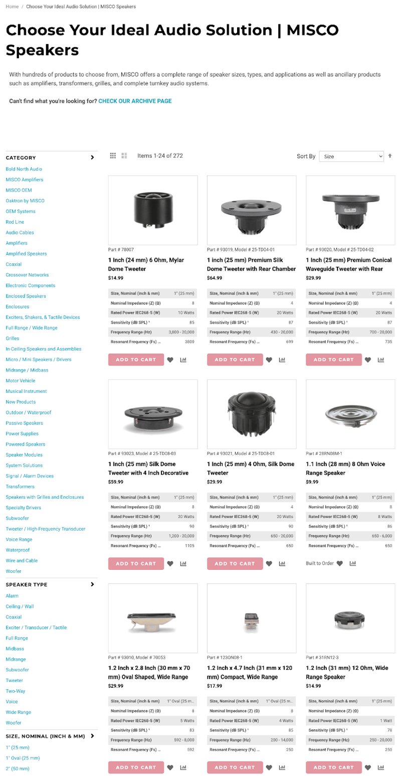 Misco Speakers' product catalog page featuring product categories and sorting for easy filtering