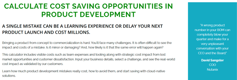 summary section of Arena's "cost of mistakes" calculator explaining how product development mistakes cost B2B businesses