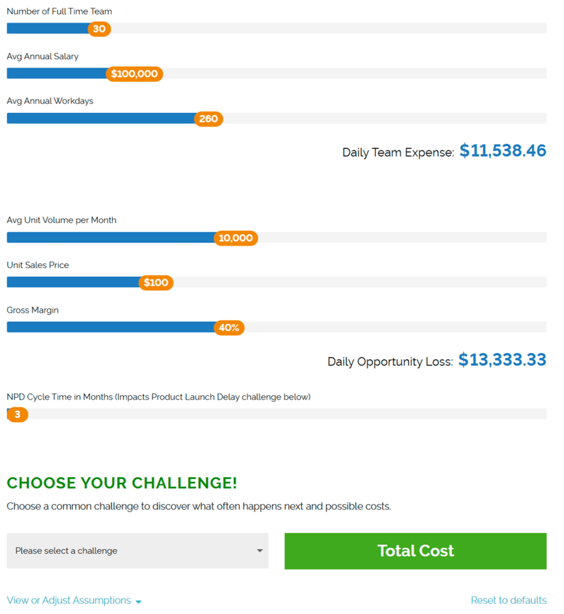 Arena's interactive "cost of mistakes" calculator that shows B2B prospects how much product development mistakes truly cost