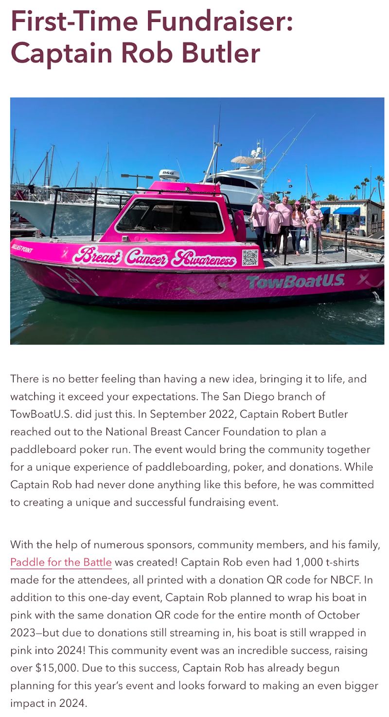 screenshot of a blog post about a fundraiser from the National Breast Cancer Foundation 