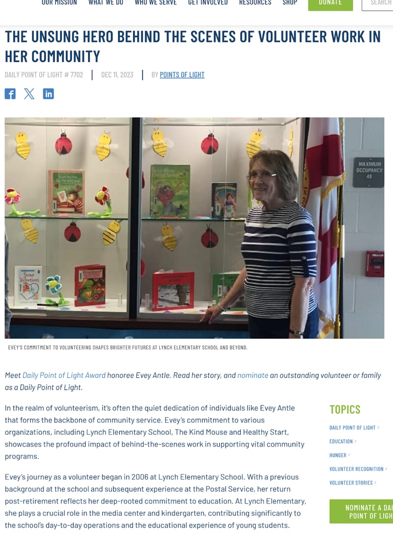 screenshot of a volunteer story from nonprofit Points of Light