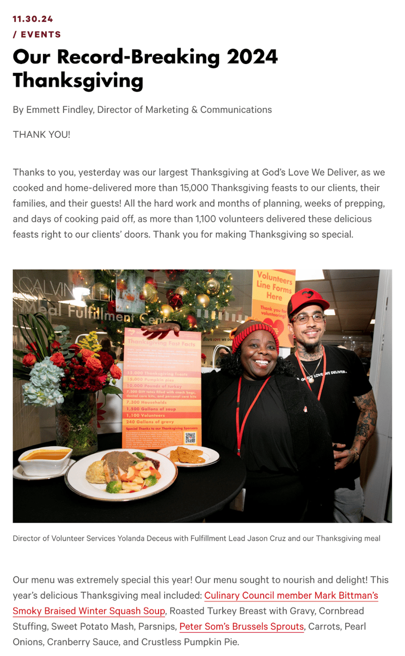 screenshot of a Thanksgiving blog from nonprofit God's Love We Deliver