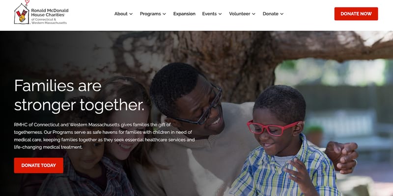 screenshot of the redesigned home page of the Connecticut & Western Massachusetts division of Ronald McDonald House Charities