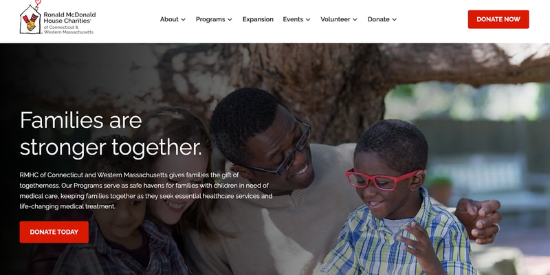 screenshot of the redesigned home page of the Connecticut & Western Massachusetts division of Ronald McDonald House Charities